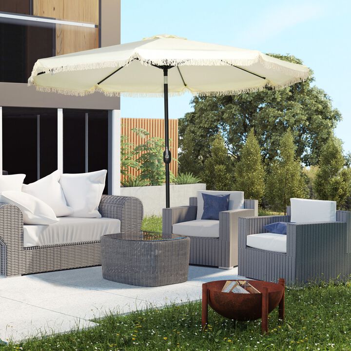 Garden Sun Shade: 9ft Patio Umbrella with Fringed Tassels & 8 Ribs