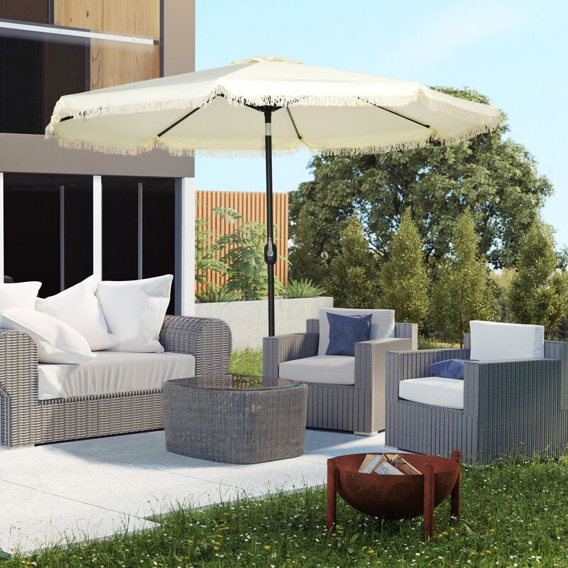 Garden Sun Shade: 9ft Patio Umbrella with Fringed Tassels & 8 Ribs