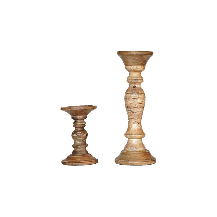Traditional Wallnut Eco-friendly Handmade Mango Wood Set Of Two 6" & 12" Pillar Candle Holder