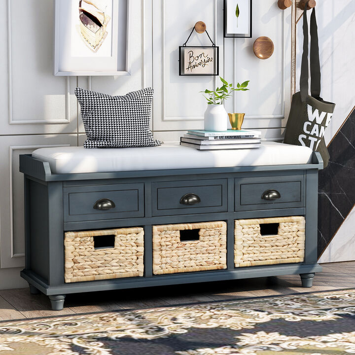 Rustic Storage Bench With 3 Drawers And 3 Rattan Baskets, Shoe Bench For Living Room