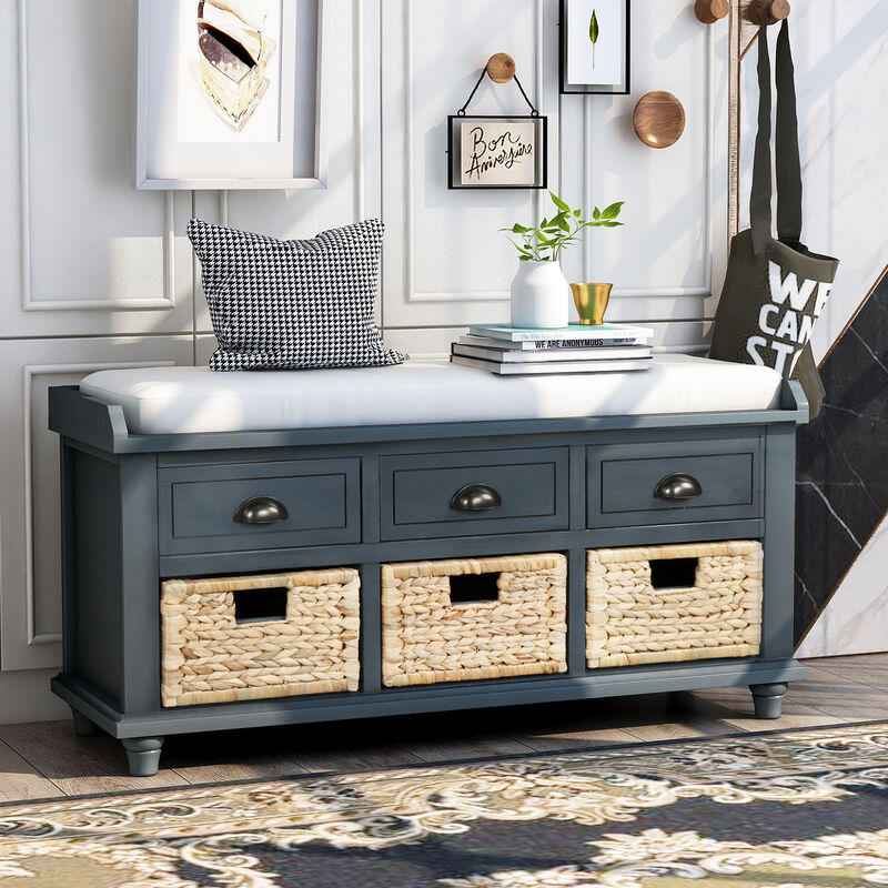 Rustic Storage Bench With 3 Drawers And 3 Rattan Baskets, Shoe Bench For Living Room