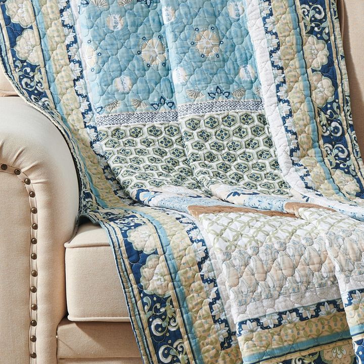 Ello 50 x 60 Inch Quilted Throw Blanket, Bohemian Print, Multicolor Blue
