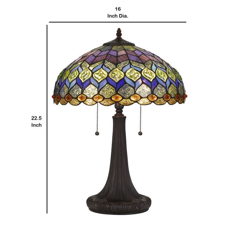 120 Watt Tiffany Table Lamp with Engraved Base, Multicolor-Benzara