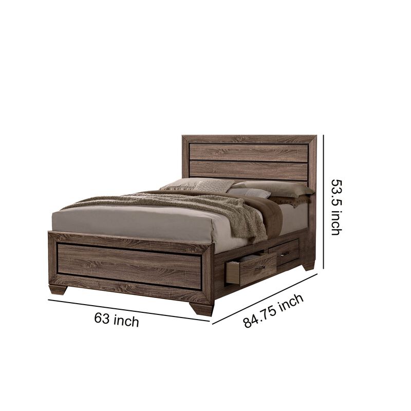 Wooden Queen Size Bed with 4 Spacious Side Rail Drawers, Brown-Benzara