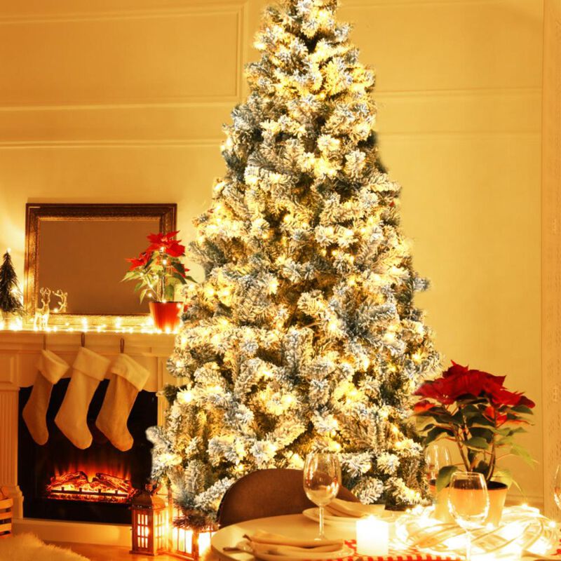 Hivvago Pre-Lit Premium Snow Flocked Hinged Artificial Christmas Tree