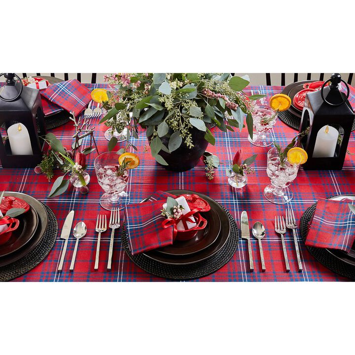 Solino Home 100% Pure Linen Red and Navy Tartan Plaid Table Throw 52 x 52 Inch