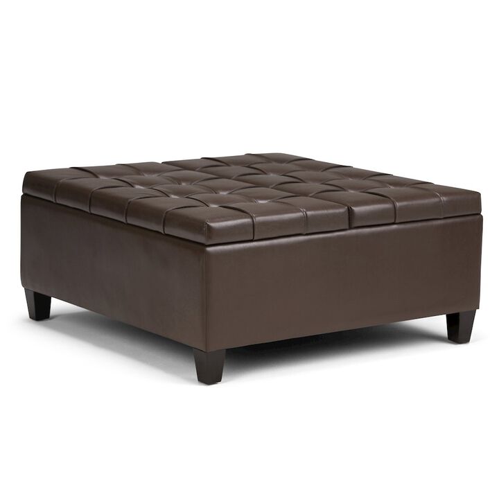 Simpli Home Harrison Coffee Table Storage Ottoman In Chocolate Brown Vegan Faux Leather