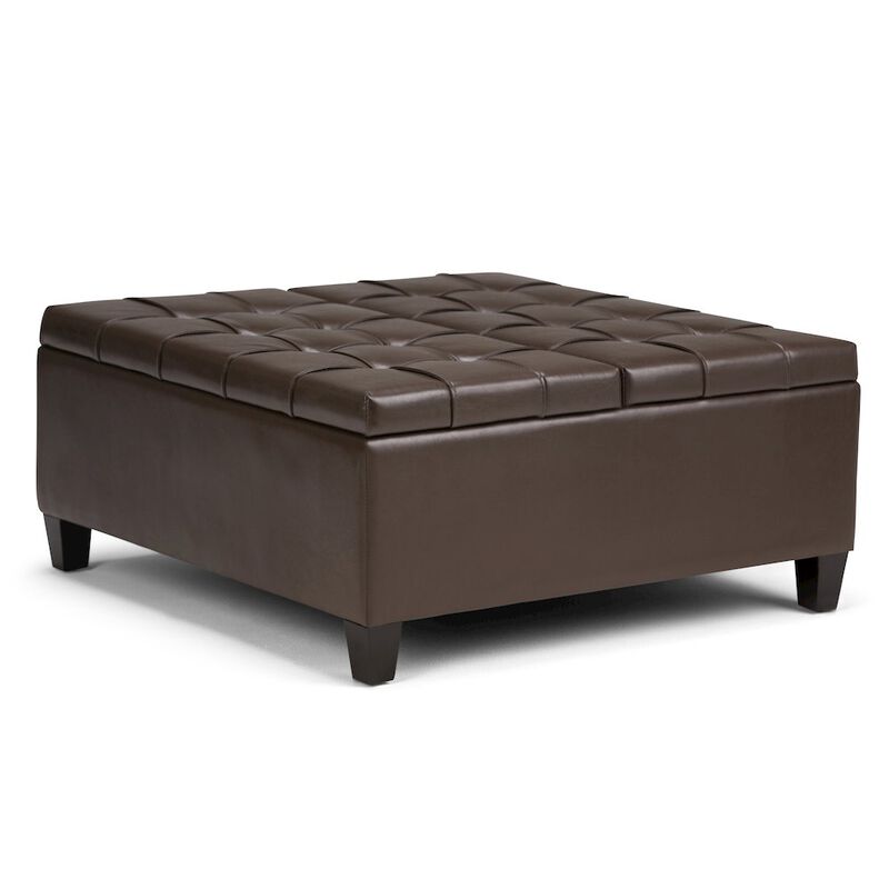 Simpli Home Harrison Coffee Table Storage Ottoman In Chocolate Brown Vegan Faux Leather