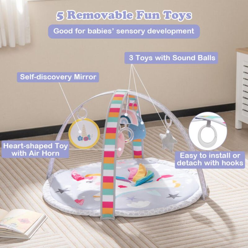Hivvago Baby Play Gym Mat 7-in-1 Tummy Time Activity Mat with 5 Detachable Toys-Multicolor