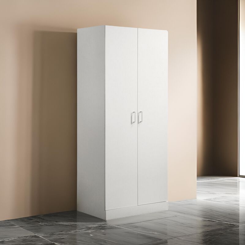 Cae 72 Inch Cabinet Armoire with Shelf, Hanging Rod, Double Door, White - Benzara