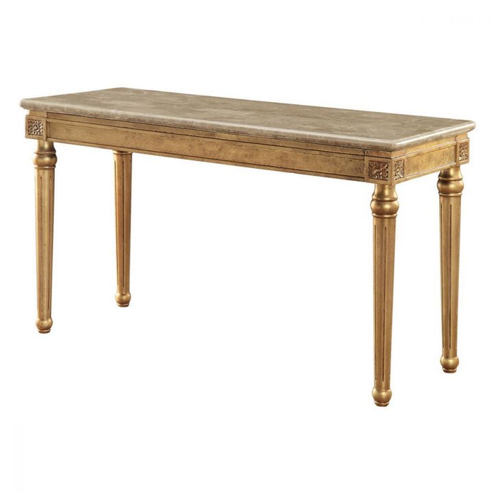 Marble Top Sofa Table With Fluted Detail Wooden Turned Legs, Gold-Benzara