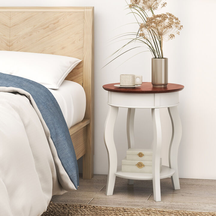 2-Tier Round End Table with Storage Shelf and Solid Rubber Wood Legs for Living Room or Bedroom