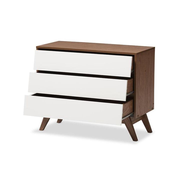 Baxton Studio Hildon Mid-Century Modern White and Walnut Wood 3-Drawer Storage Chest