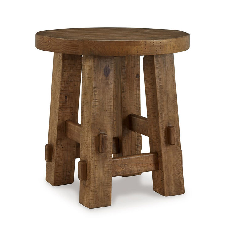 Ack Round Side End Table, Sturdy Block Legs, 24 Inch Brown Pine Solids - Benzara