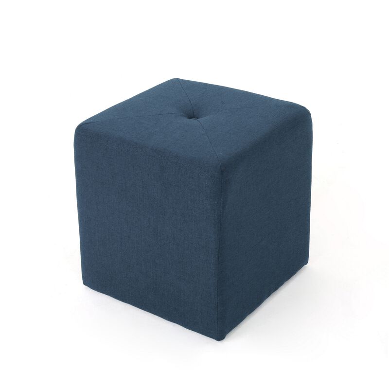 Liasa Ottoman, Cube Shape, Navy Blue Fabric, Plush Cushion, 17 Inch -Benzara