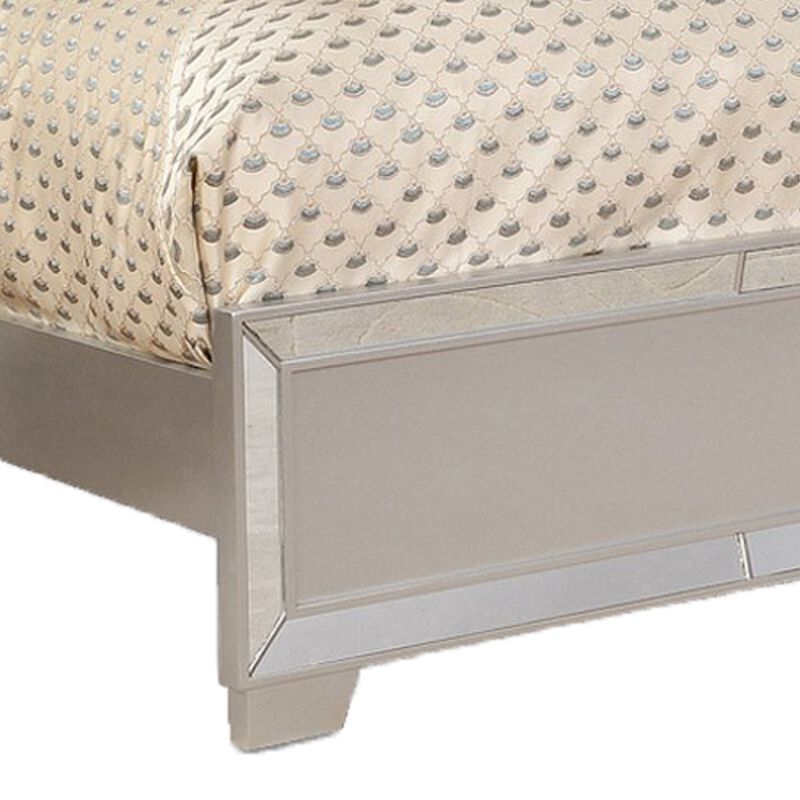 Eli Crystal Tufted Queen Bed, LED, Mirror Inlays, Wood, Gray Velvet, Silver-Benzara