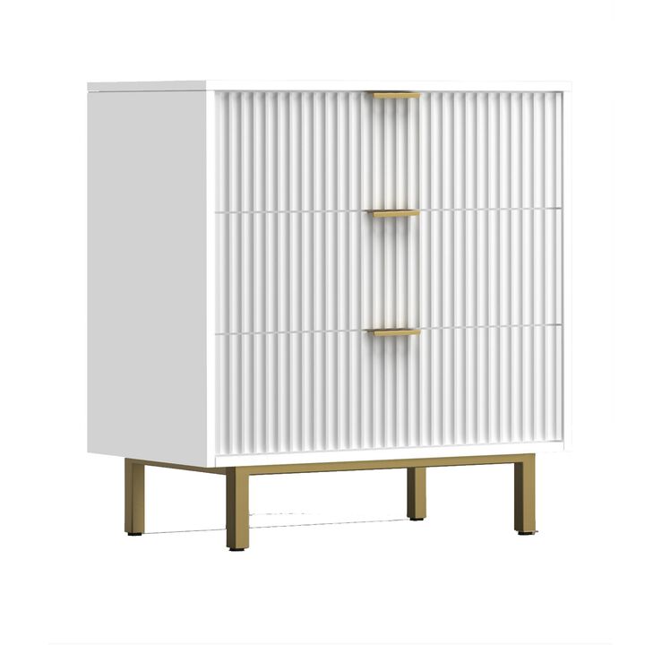 Beth 34 Inch 3 Drawer Small Dresser Chest, Mahogany Wood, White, Gold-Benzara