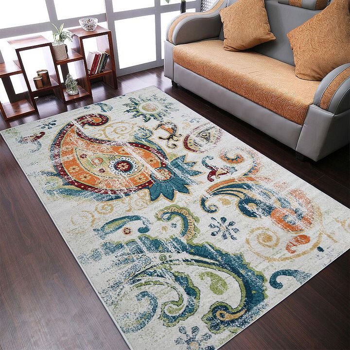 RUGSOTIC CARPETS MACHINE MADE HEATSET POLYPROPYLENE AREA RUGS  - 9'x12', Rectangle Shape, Ivory Color, Floral Modern Design, Midium Pile Machine Made Area Rugs for Living Room, Bed Room (M00048)