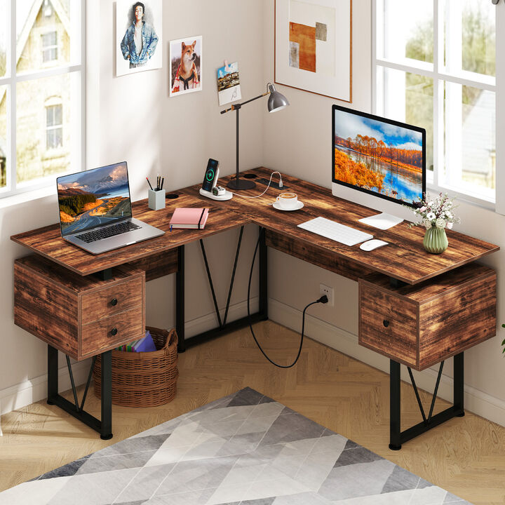 L-Shaped Computer Desk with Power Outlets and 3 Spacious Storage Drawers