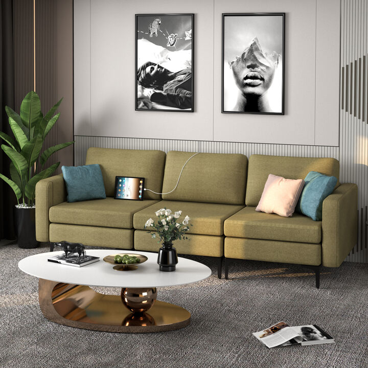Convertible 3-Seat Sofa Couch with Magazine Pockets and 2 USB Ports for Modern Living Room