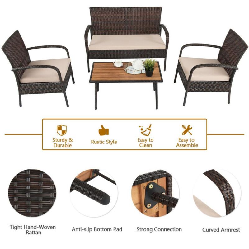 Hivvago 4 Pieces Patio Cushioned Wicker Conversation Set with Acacia Wood Tabletop
