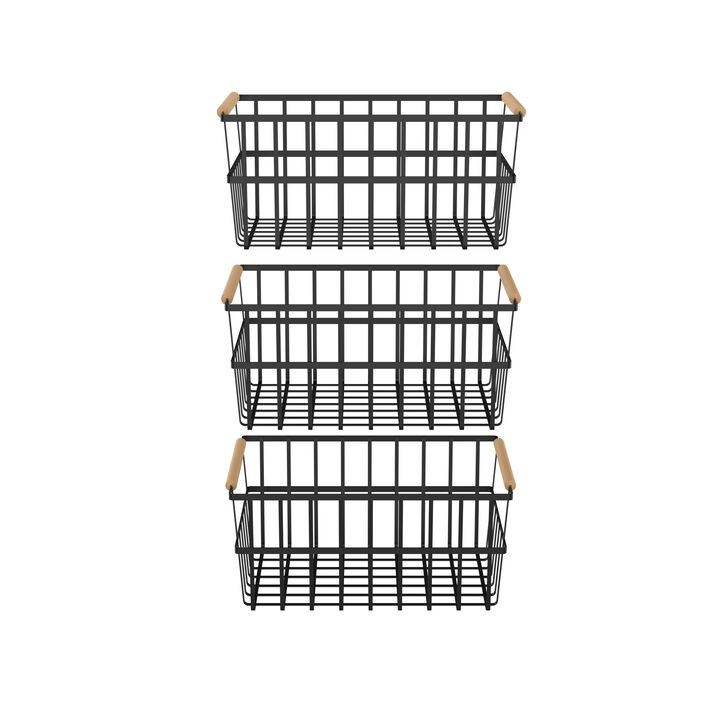 Oceanstar Metal Wire Organizer Bin Basket with Handles, Set of 3, Black