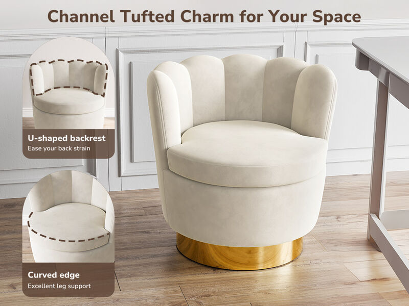 BELLEZE Swivel Accent Chair, Velvet Modern Round Petal Swivel Barrel Chair, 360° Upholstery Swivel Sofa Armchair, Comfy Swivel Accent Chair for Living Room Bedroom - Lotus (White)