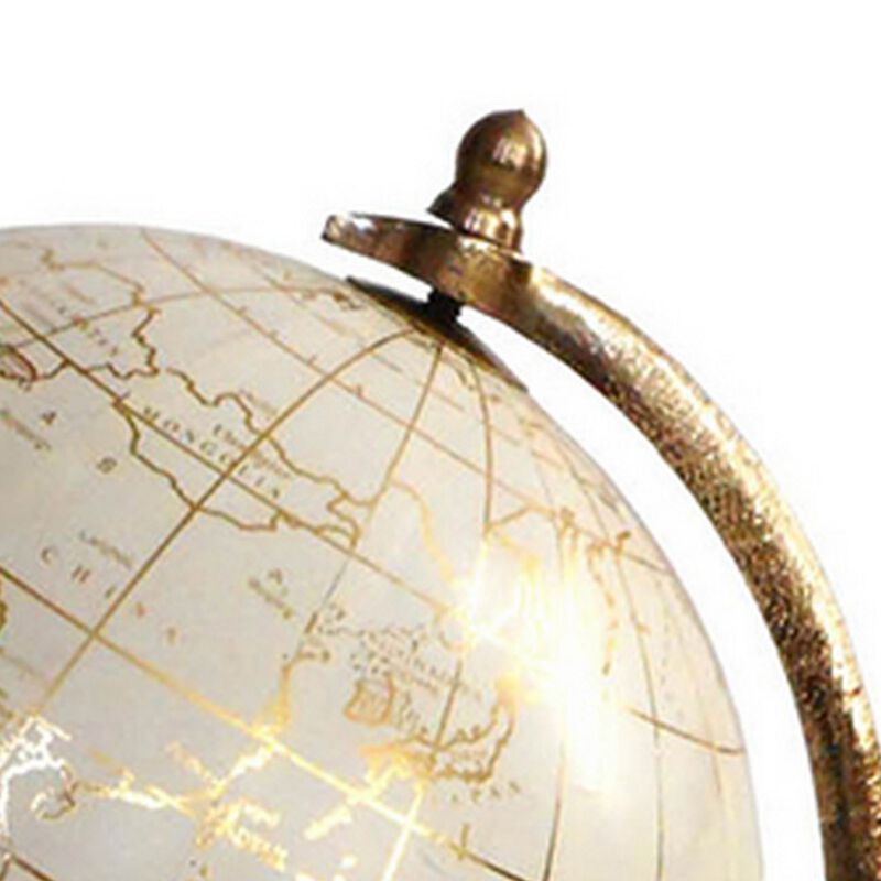 15 Inch Modern Accent Globe, Smooth Turning, White With Gold Aluminum Stand - Benzara