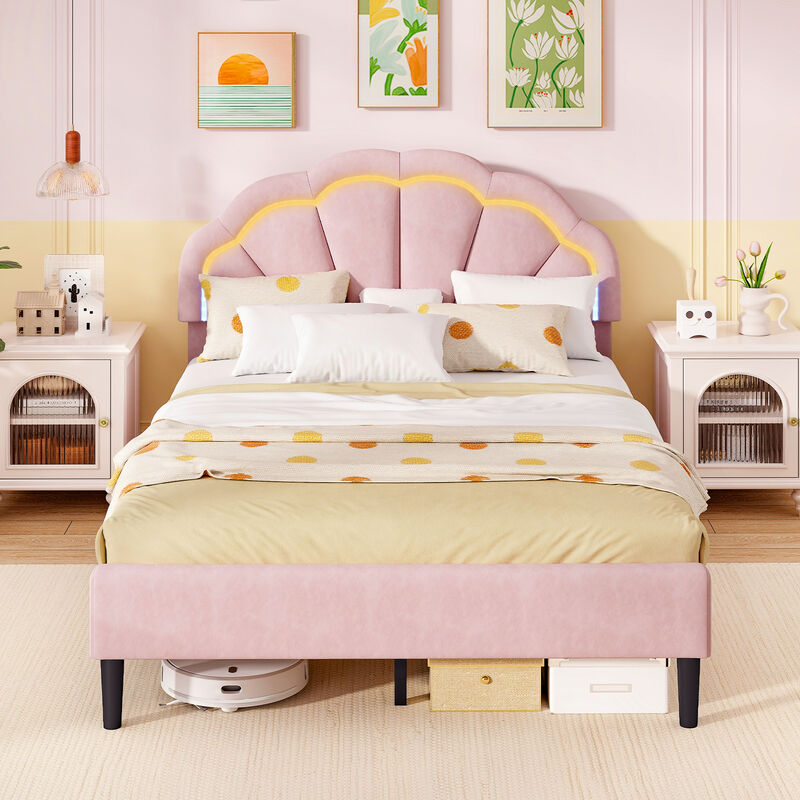 Upholstered LED Bed Frame with Adjustable Flower Headboard