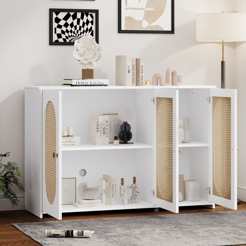 Clihome Retro 3-Door Sideboard with Large Storage Space Artificial Rattan Doors and Metal Handles, Accent Cabinet for Living Room and Hallway (White)