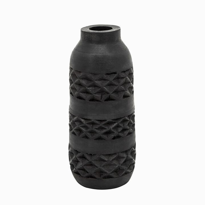 Yuka 12 Inch Vase, Bottle Shape, Embossed Diamond Patterns, Stained Black - Benzara