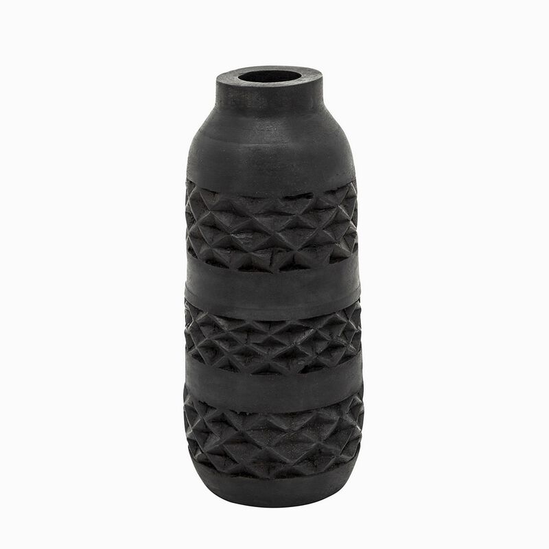 Yuka 12 Inch Vase, Bottle Shape, Embossed Diamond Patterns, Stained Black - Benzara