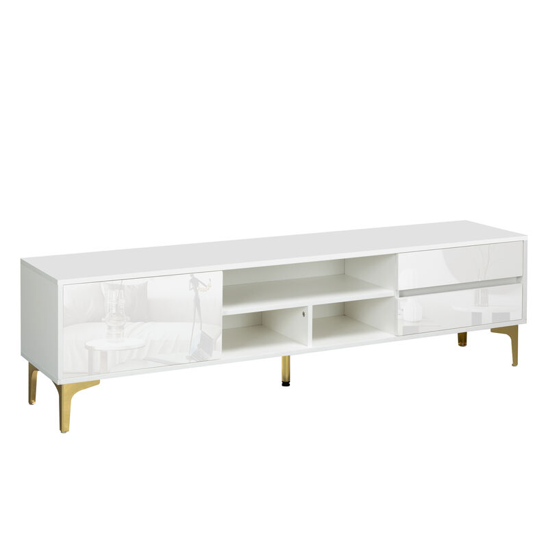 White TV stand with LED lights and gold legs