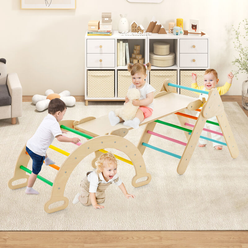2-in-1 Wooden Kids Climber Toys with Triangle Arch Ramp