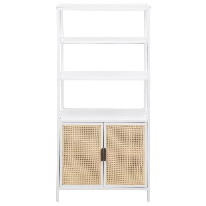 Lanie Tall Accent Cabinet, 3 Shelves 2 Doors, PE Cane, White Metal - Benzara