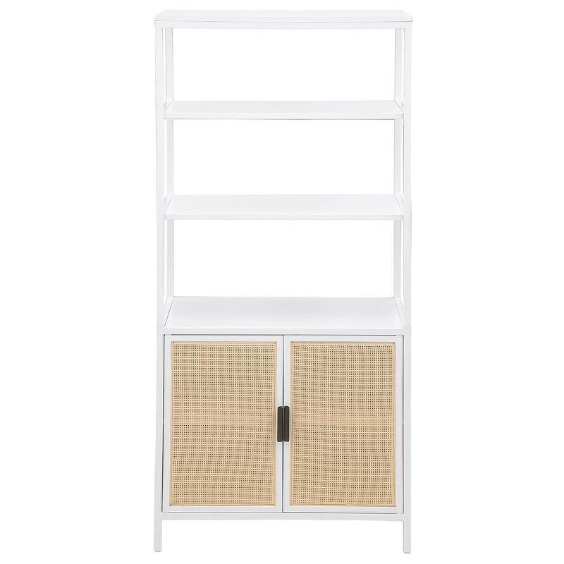 Lanie Tall Accent Cabinet, 3 Shelves 2 Doors, PE Cane, White Metal - Benzara