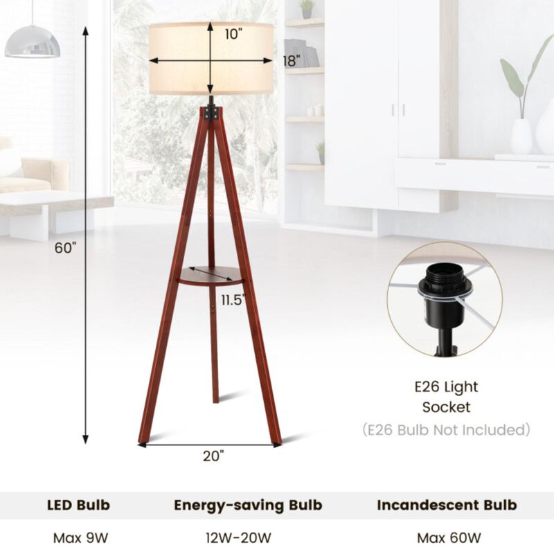Hivvago Tripod Floor Lamp Wood Standing Lamp with Flaxen Lamp Shade and E26 Lamp Base-Brown