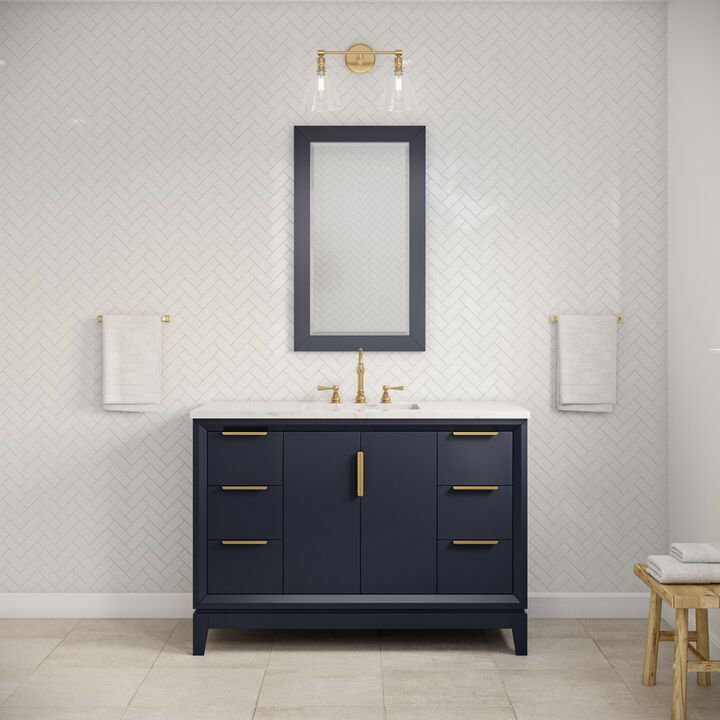 Elizabeth 48 In. Single Sink Carrara White Marble Countertop Bath Vanity In Monarch Blue with Satin Gold Hardware