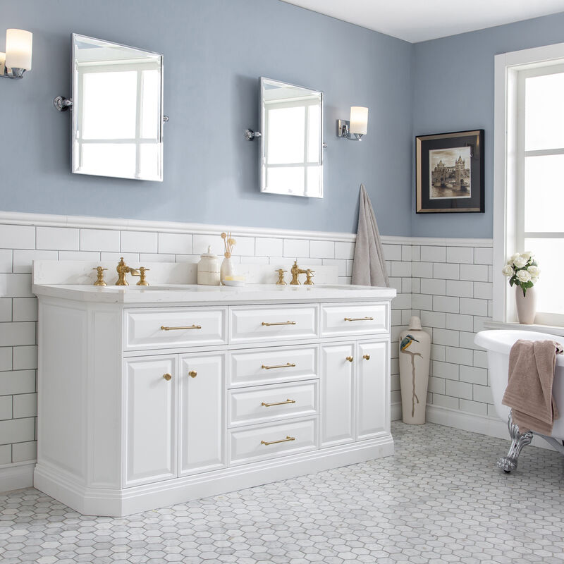 Palace 72 In. Double Sink Carrara Quartz Countertop Bath Vanity in Pure White with Satin Gold Hardware