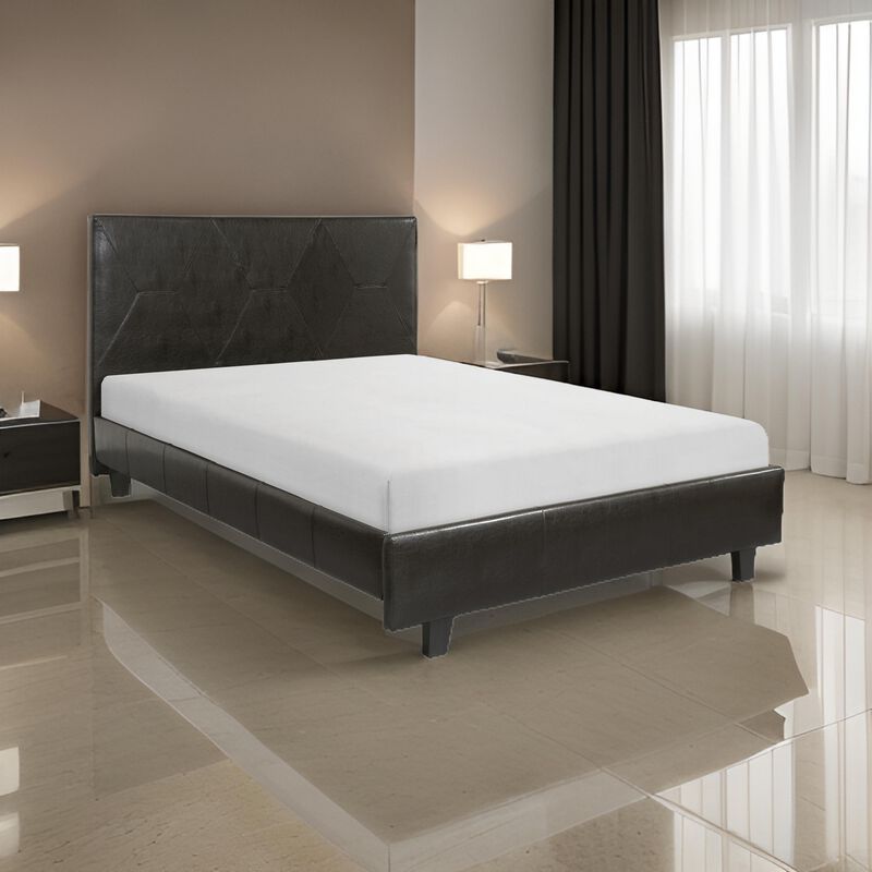 Leo Queen Size Platform Bed, Diamond Stitch Brown Faux Leather, Solid Wood - Benzara