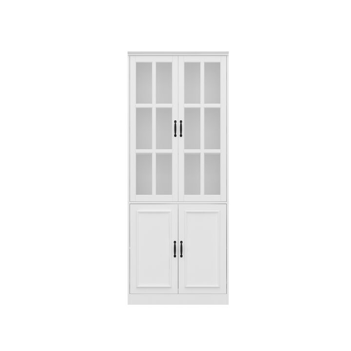 White Wooden MDF ( 31.5 in. W) Sideboard, Accent Storage Cabinet, Food Pantry with 4 Tempered Glass Doors and 5 Shelves