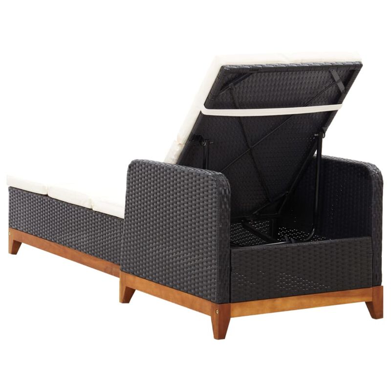 vidaXL Weather-Resistant Sun Lounger - Black Poly Rattan Outdoor Reclining Sunbed with Solid Acacia Wood Base and Removable Cushion