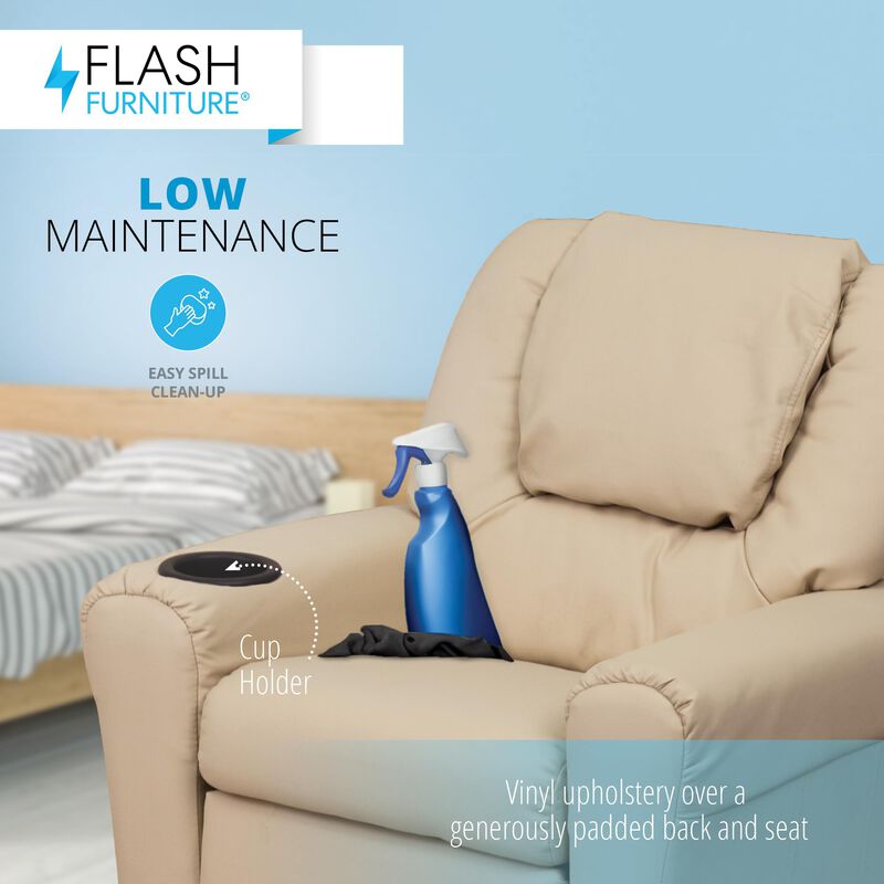 Flash Furniture Vana Vinyl Kids Recliner with Cup Holder, Headrest, and Safety Recline, Contemporary Reclining Chair for Kids, Supports up to 90 lbs., Beige