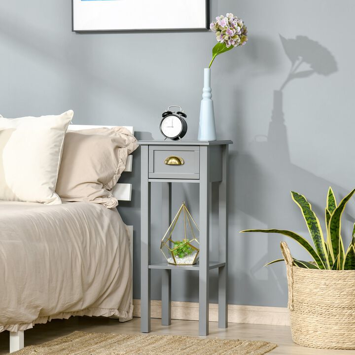 Gray Narrow Nightstand: 2-Tier Tall Side Table with Drawer and Shelf