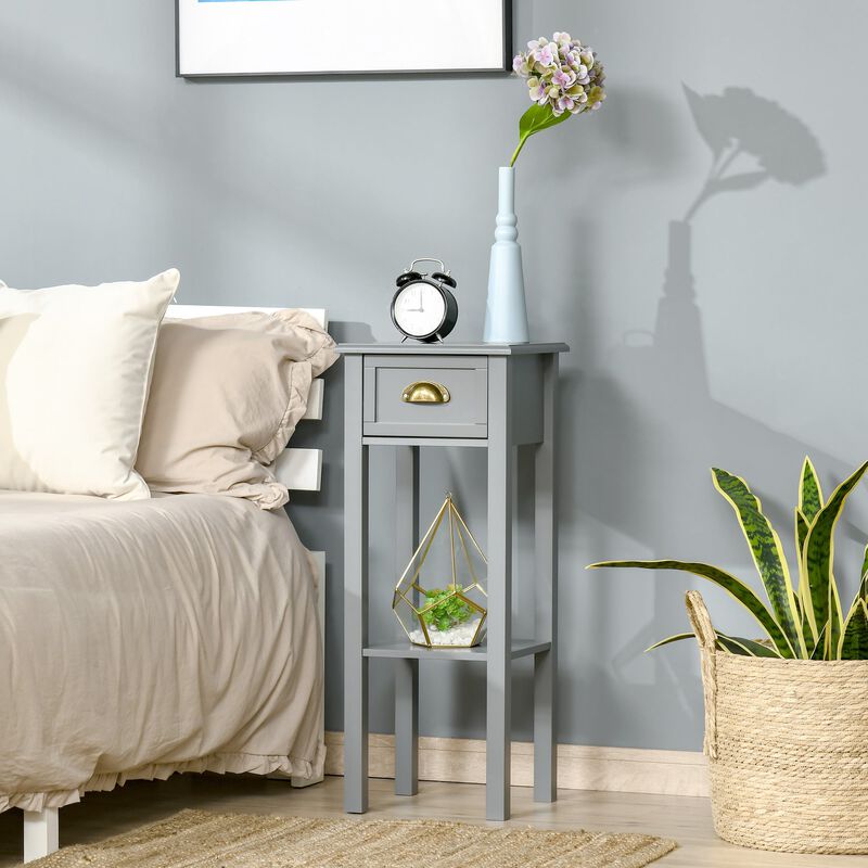 Gray Narrow Nightstand: 2-Tier Tall Side Table with Drawer and Shelf