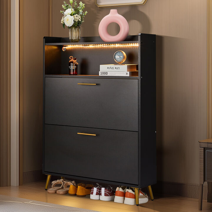 Shoe Storage Cabinet with Double Doors, 6-Tier Shelves & Built-in LED Lights for Entryway