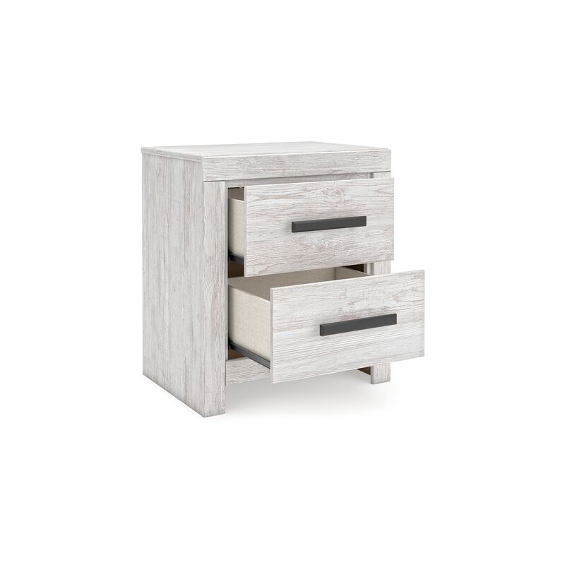 Cany Nightstand, 2 Drawers with Black Handles, Vintage Whitewash - Benzara