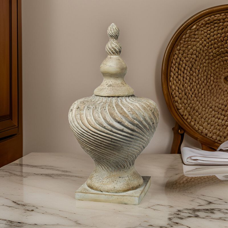 22 Inch Lidded Vase with Turned Finial Design and Swirl Pattern, White-Benzara
