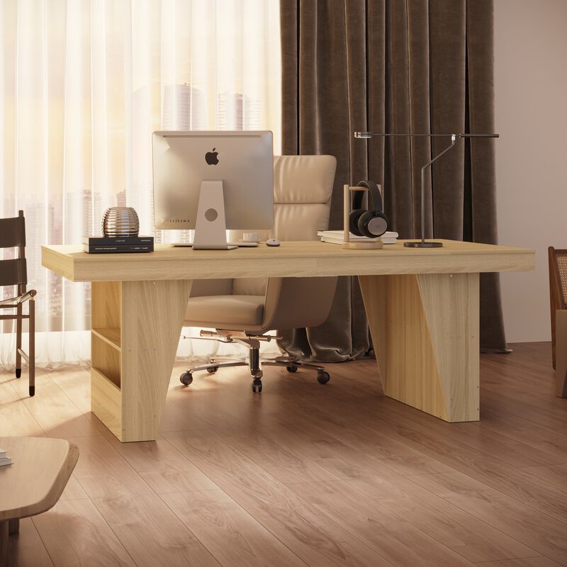 FUFU&GAGA Modern Wood Grain Office Desk with Storage Shelf, 2-Meter Length (78.7" W x 39.4" D x 29.6" H), Wood Grain Finish