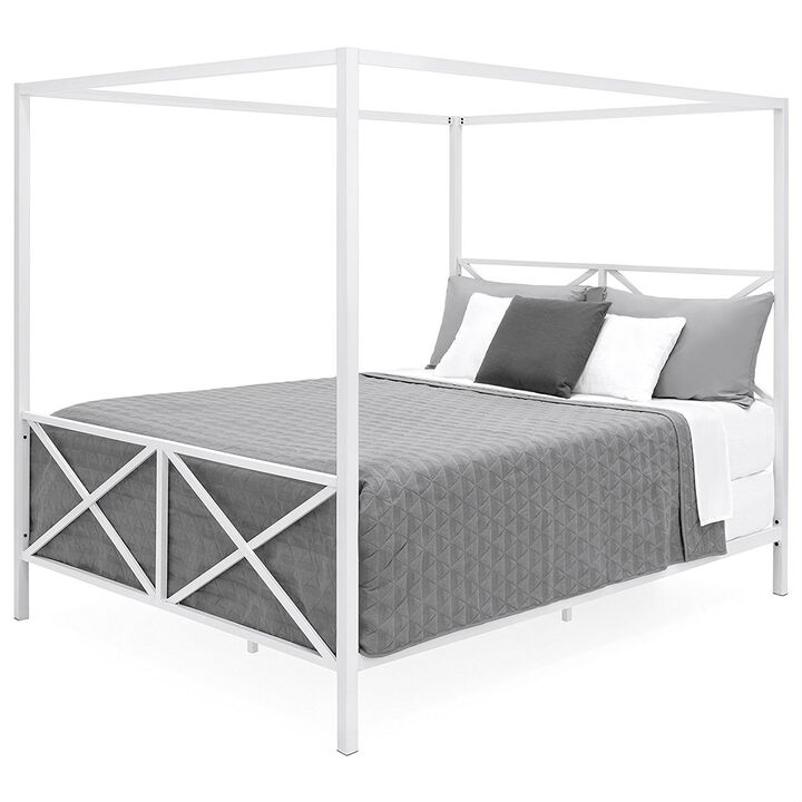 Hivvago Queen size Modern Industrial Style White Metal Canopy Bed Frame